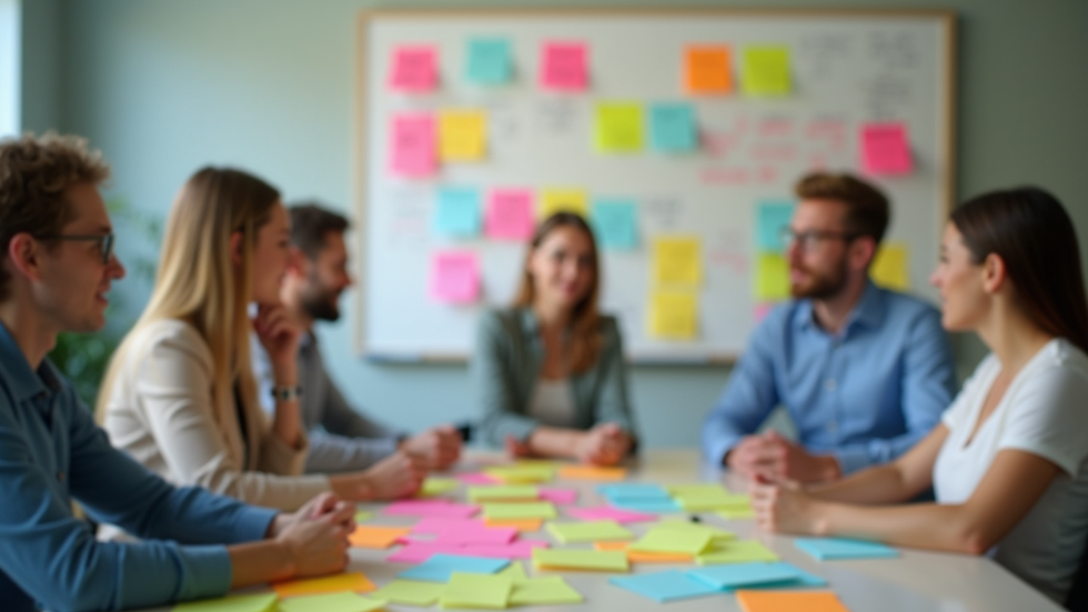 close-up view of a creative team brainstorming with colorful post-it notes