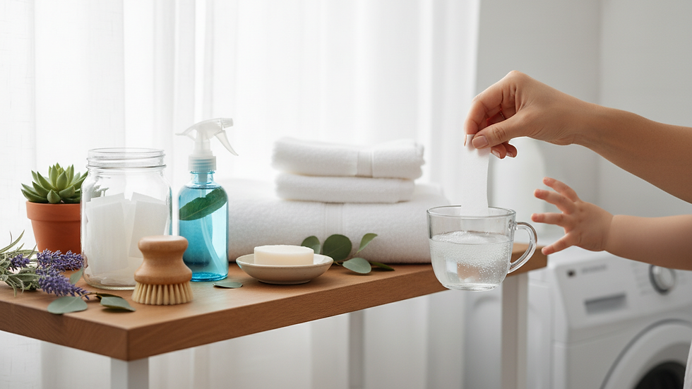 Eye-level view of a laundry room shelf with sustainable detergent sheets and eco-friendly cleaning products