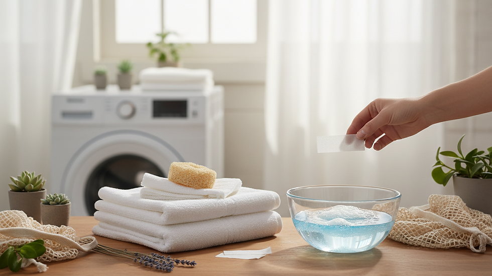 Eye-level view of eco-friendly laundry strips in recyclable packaging