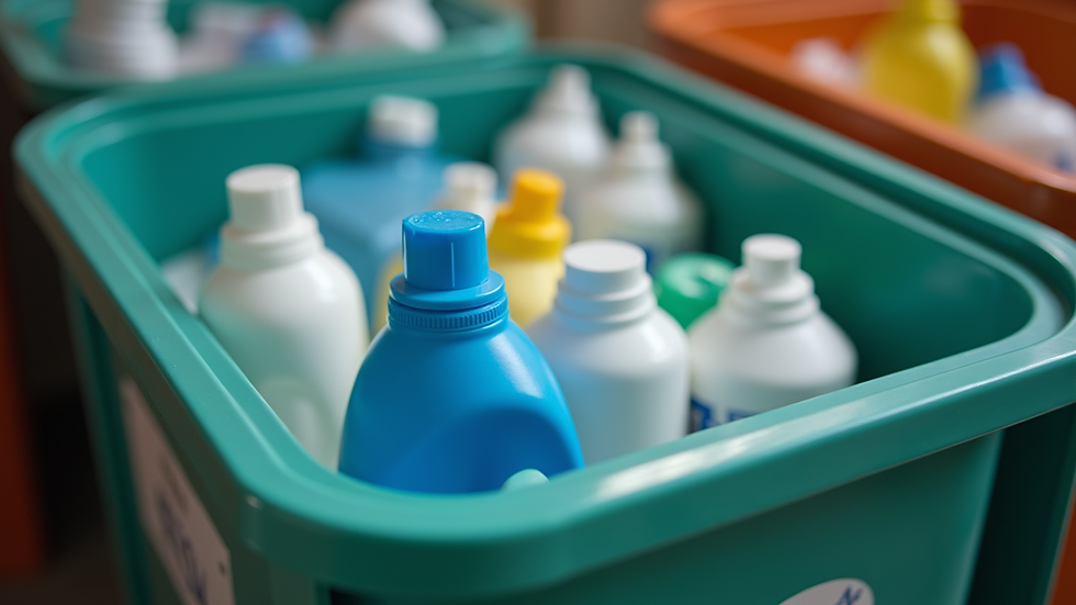 High angle view of a recycling bin filled with plastic detergent bottles
