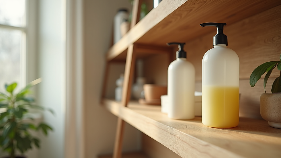 Eye-level view of eco-friendly cleaning products on a wooden shelf
