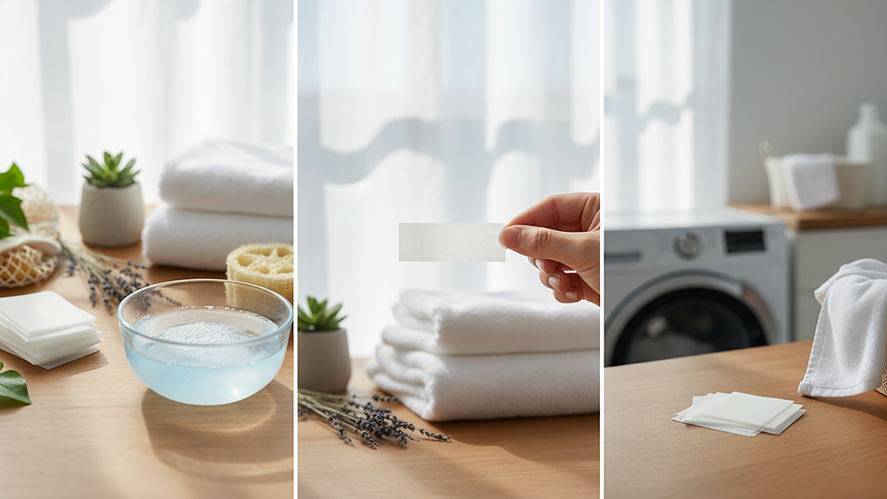 Close-up view of eco-friendly laundry detergent sheets stacked neatly