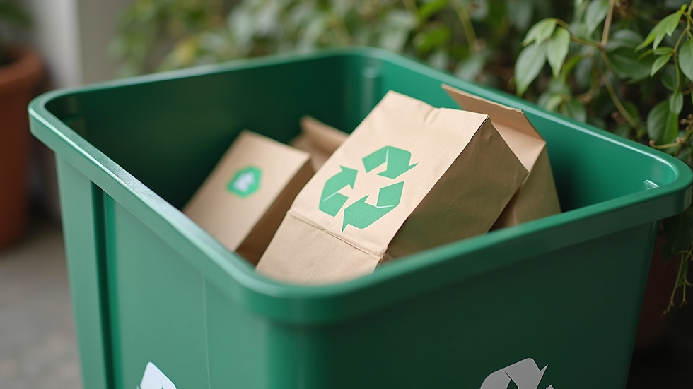 High angle view of recycling bin with eco-friendly packaging