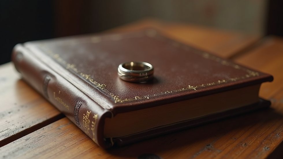 Close-up view of a Bible and wedding rings on a wooden table