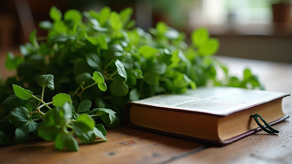 Close-up view of a wooden table with fresh herbs and a Bible