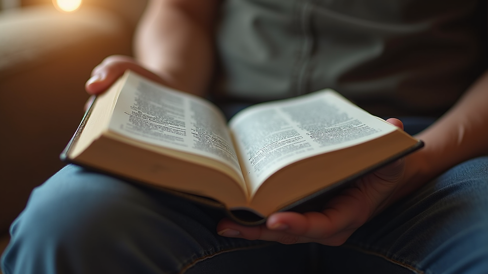 Close-up view of a person holding a Bible during an online prayer meeting