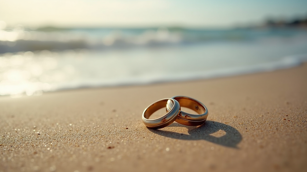 Close-up view of wedding rings resting on a sandy beach with gentle waves in the background