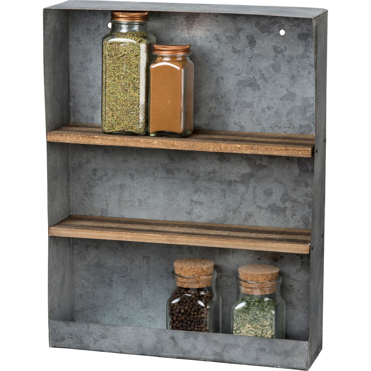Rectangular Galvanized Metal Wall Shelf w/ Wooden Shelves