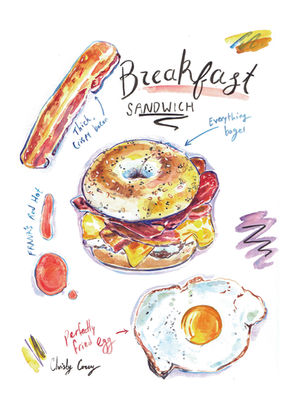 Breakfast sandwich illustration painted with watercolor. Ingredients, splashes of color, and hand lettering.