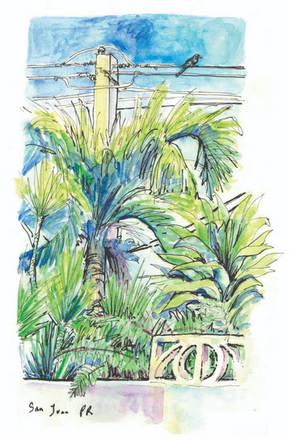 Original illustration of San Juan, Puerto Rico, painted with watercolor and ink. 