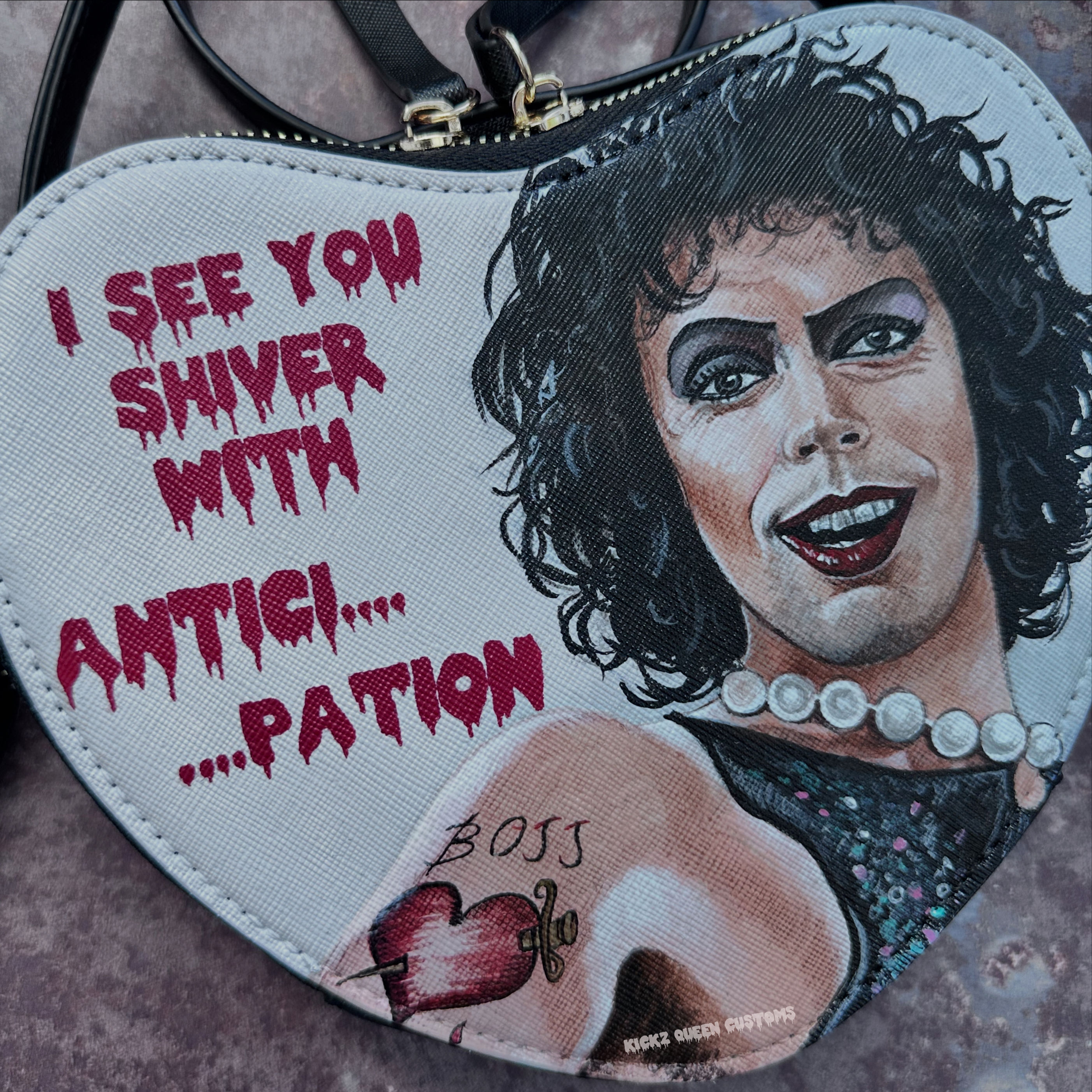 Hand Painted Frank N Furter Heart Bag - Rocky Horror Tribute Art