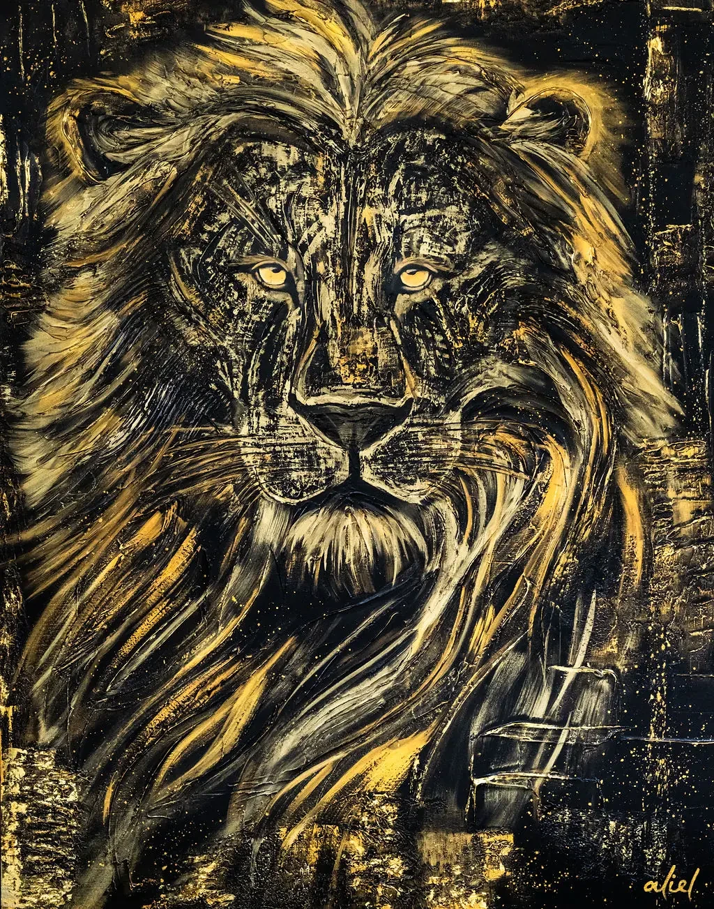 Soulfire peinture semi-abstraite animalier lion par artiste Aliel