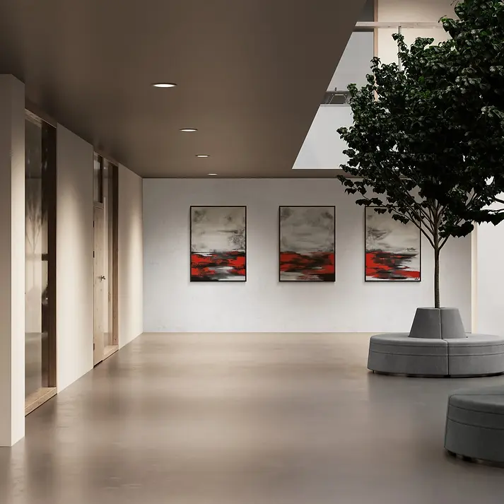 Art abstrait sur mesure grand format tryptique dans un hall d'entrée par l'artiste peintre Aliel Canada