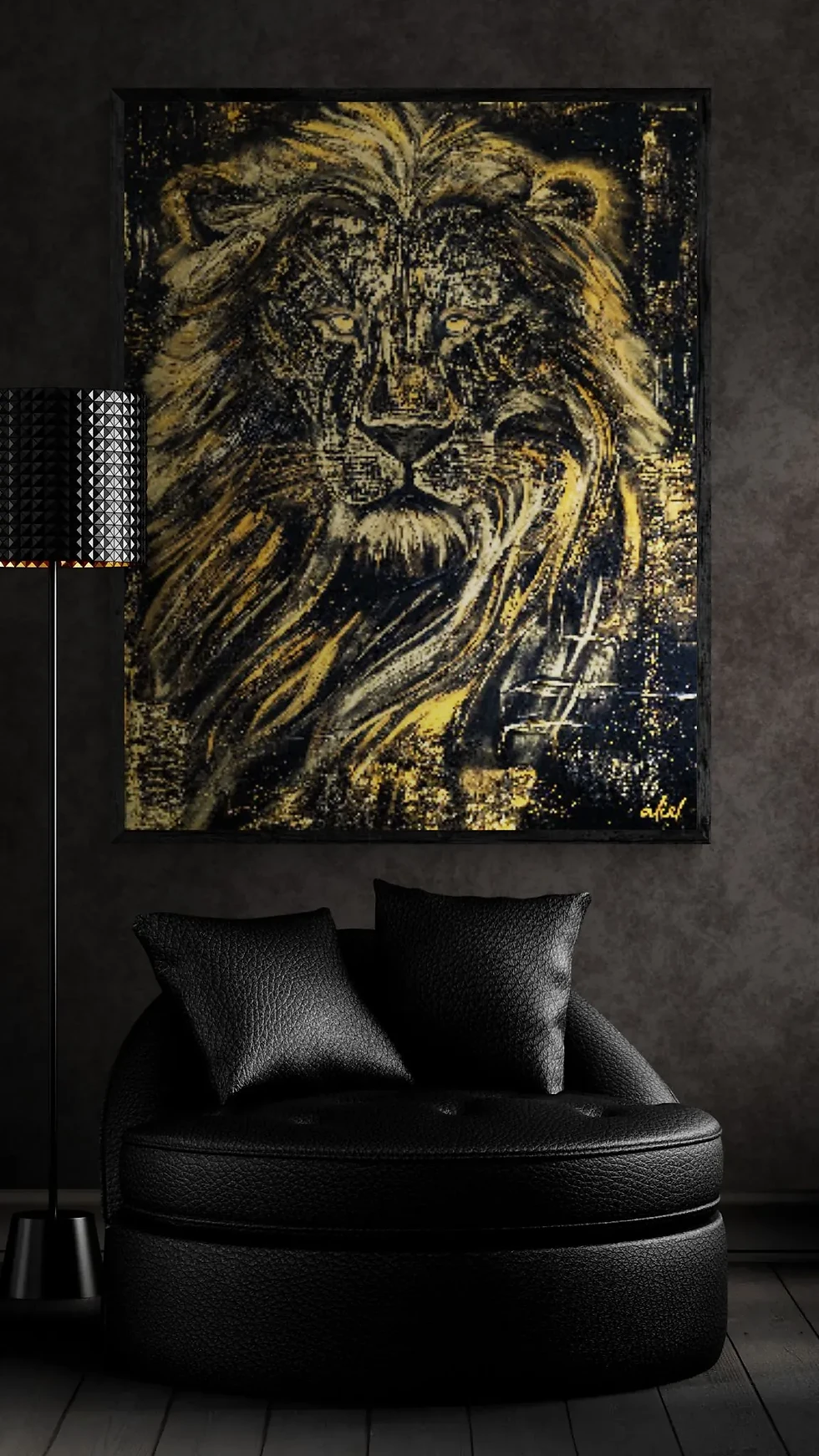 Soulfire peinture semi-abstraite animalier lion mobilier par artiste Aliel