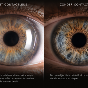 Vergelijking van een iris met contactlens en een natuurlijke iris zonder contactlens