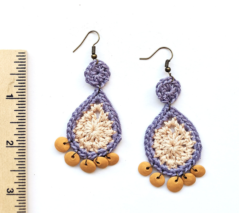 handmade dangly crochet teardrop earrings with clay discs