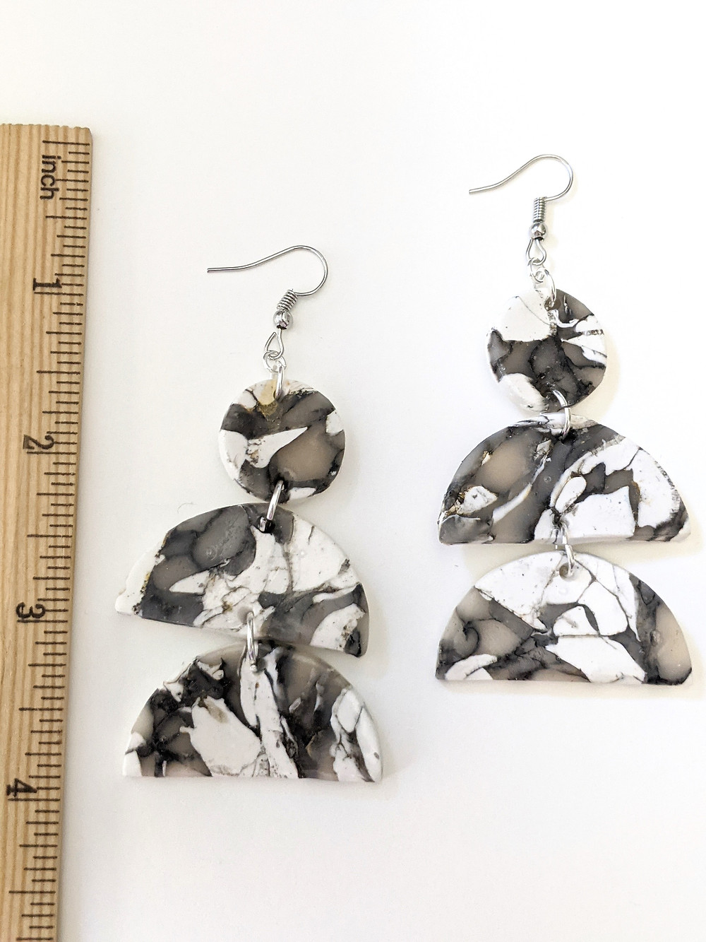 handmade dangle earrings with white and black marbled technique