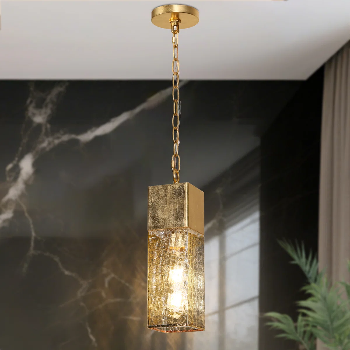 1-Light Mini 14.6"H Kitchen Island Pendant Cracked Glass Shade