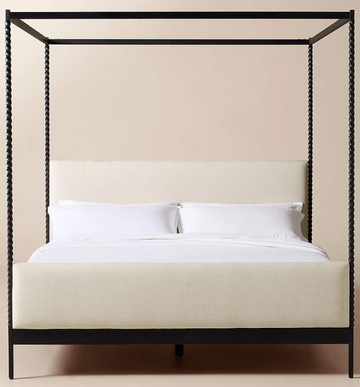 Amani Hand-Forged Steel Framed Warm White Upholstered Canopy King Bed