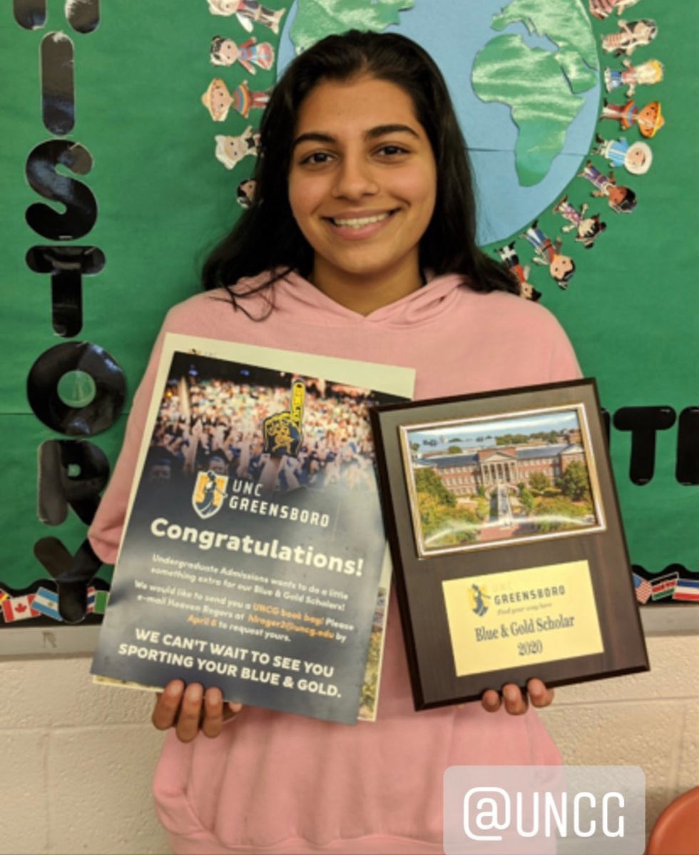Senior Afia Rahman has not only been accepted into The University of North Carolina at Greensboro, but has also been selected to be awarded the Black and Gold Scholarship to encourage her enrollment. This is featured on Northern High School's Instagram page where recognition is given to seniors who have been accepted to college. Photo by Kathie Davidson.