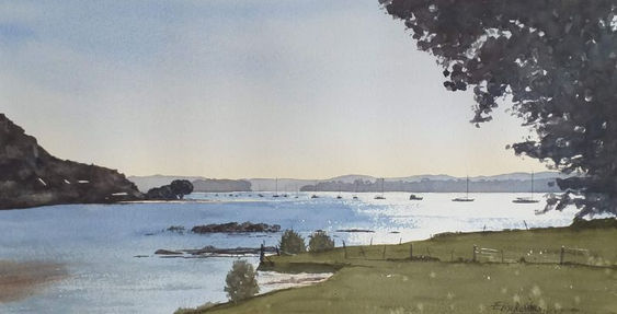 View to Shelley Beach Broomfields Reserve Whitford Elise De Silva Watercolour Painting Auc