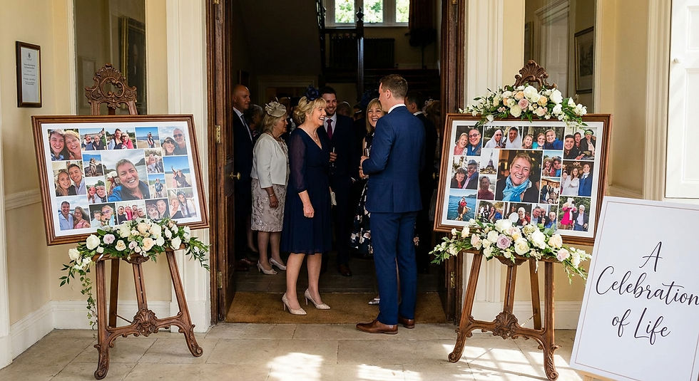 People in formal attire converse near two photo collages and a "A Celebration of Life" sign in a bright, elegant entrance with floral decor. Meaningful Photographs