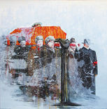 Winter is a 2019 oil painting on canvas by artist luhang 路航, presenting a group of figures partially dissolved into a layered surface, intersected by a vertical dark form, where the scene suggests a fragile collective structure.