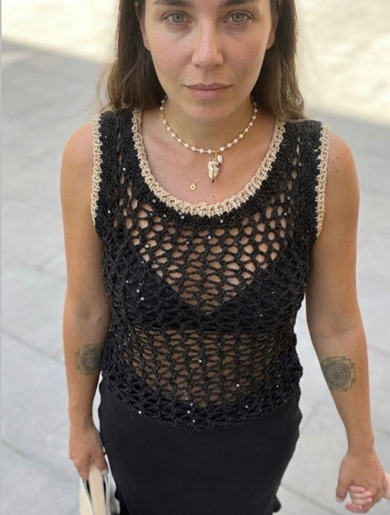 Kemishe Lino black crochet top with beige trim