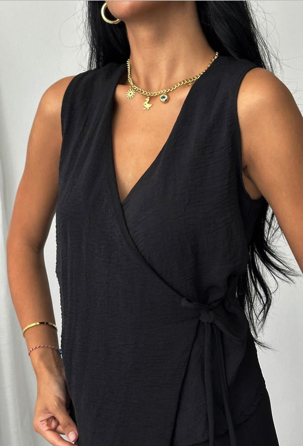 Thumbnail: Black Tencel sleeveless wrap dress with knot