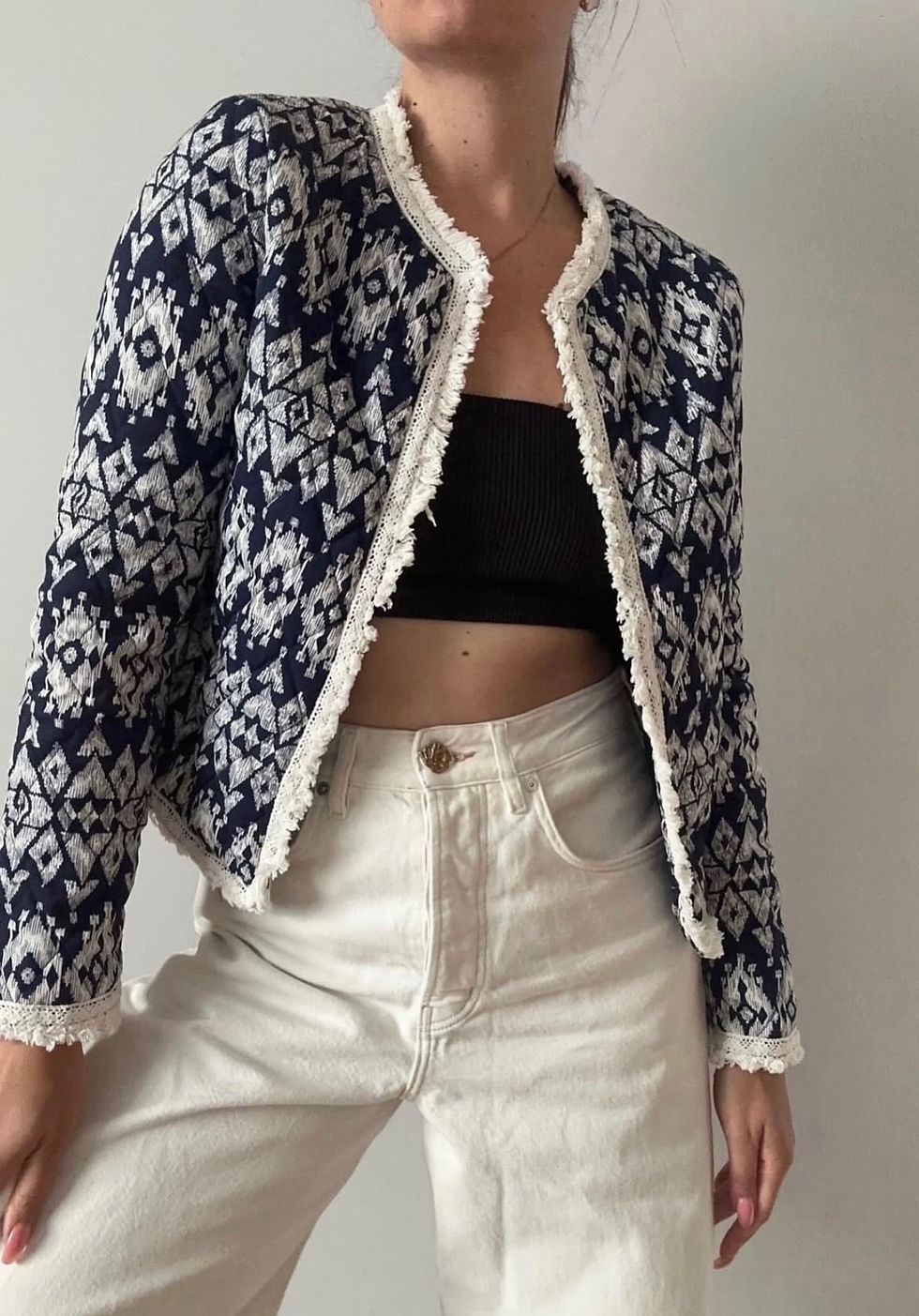 Thumbnail: Blue and white patterned jacket with frayed trim