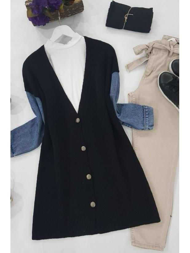 Thumbnail: Black cardigan with denim sleeves, white top, beige pants