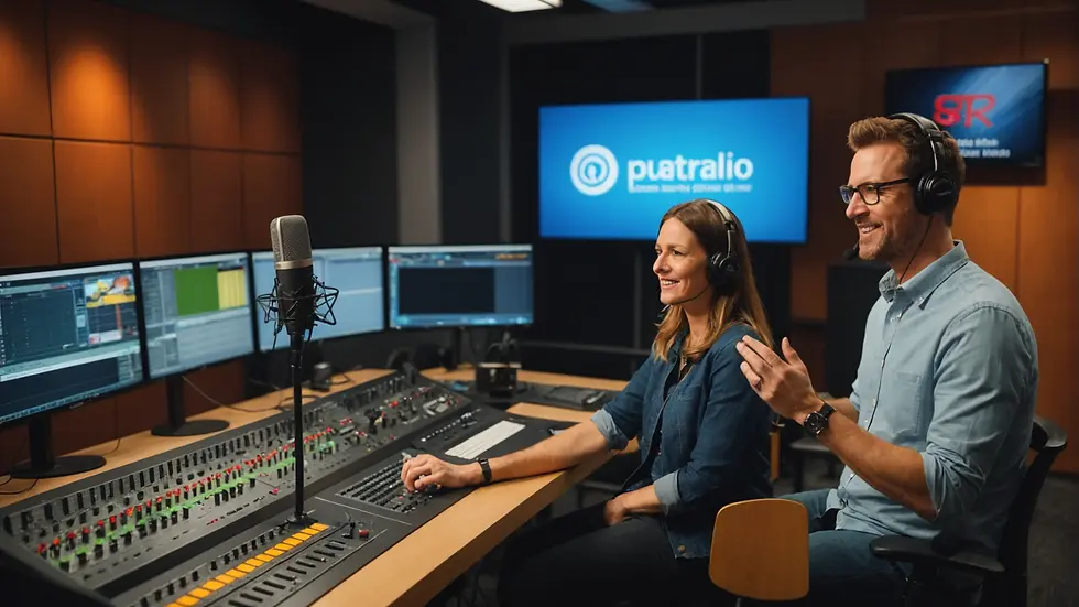 Local radio studio with hosts engaged in a live broadcast