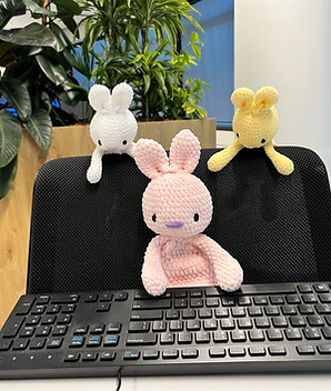 3 versions of Millie behind a keyboard