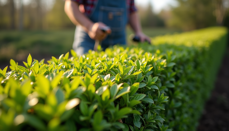 Eye-level view of a well-trimmed green hedge in a sunny garden