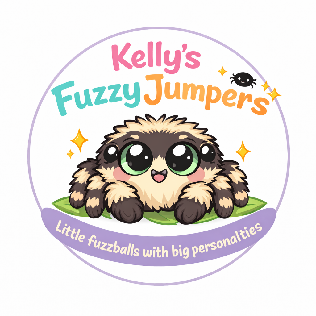 Kellys Fuzzy Jumpers logo representing high-quality jumping spider community.