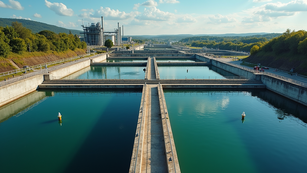 High angle view of industrial wastewater treatment plant with filtration tanks