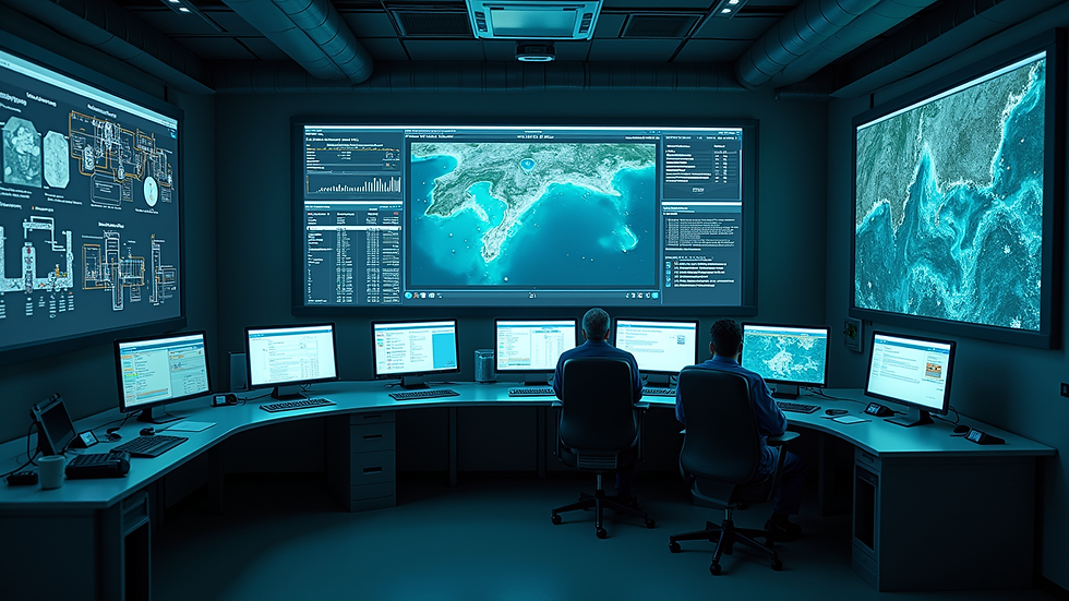 High angle view of control room with digital screens monitoring wastewater treatment