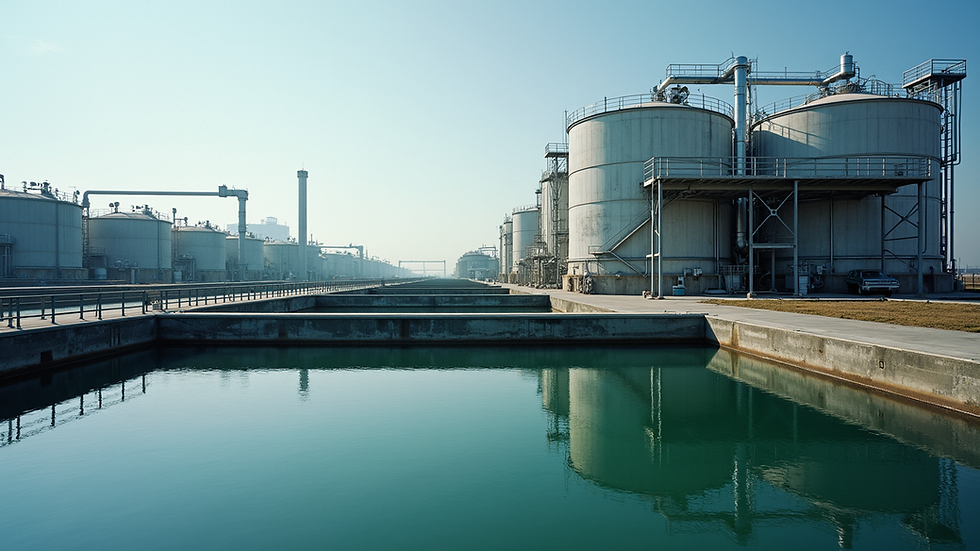 Eye-level view of industrial wastewater treatment plant with tanks and pipes