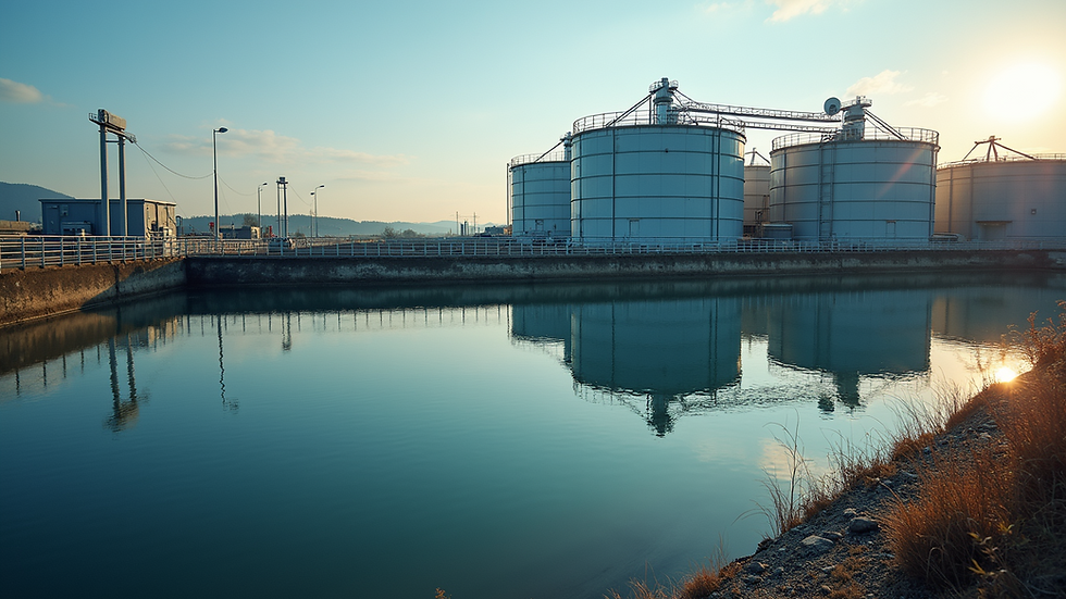 Eye-level view of industrial wastewater treatment plant with filtration tanks