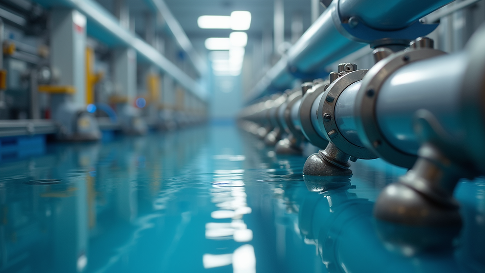 Close-up view of a water treatment facility with ion exchange equipment