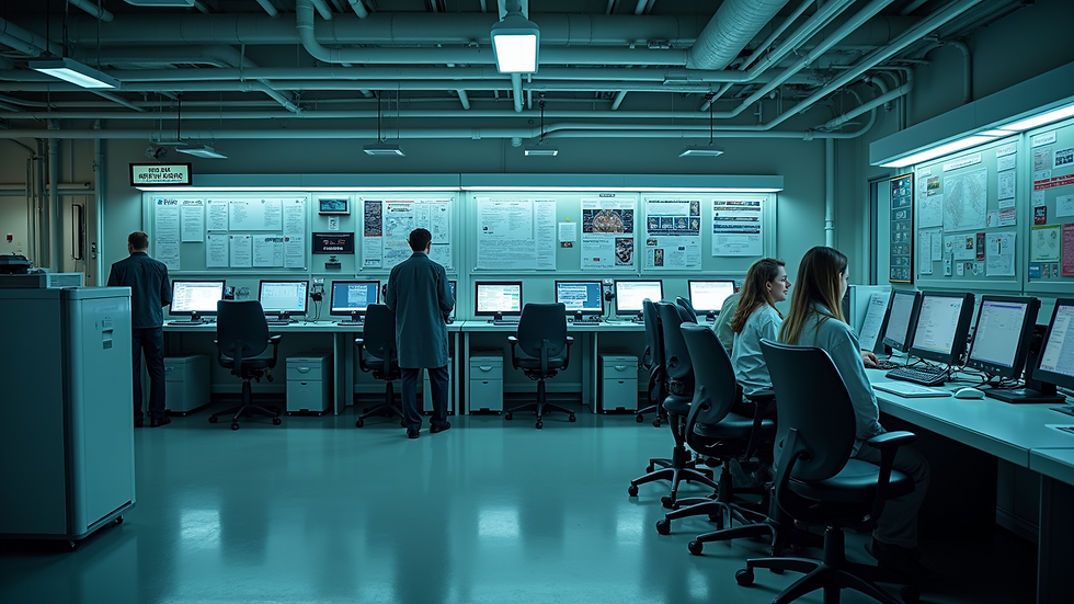 High angle view of automated control room in a sewage treatment facility