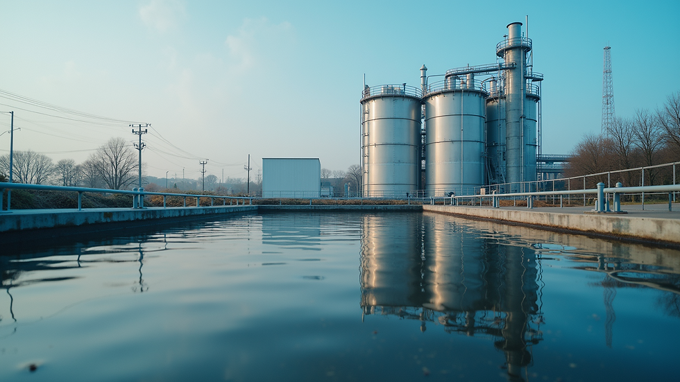 Eye-level view of industrial water treatment plant with tanks and pipelines
