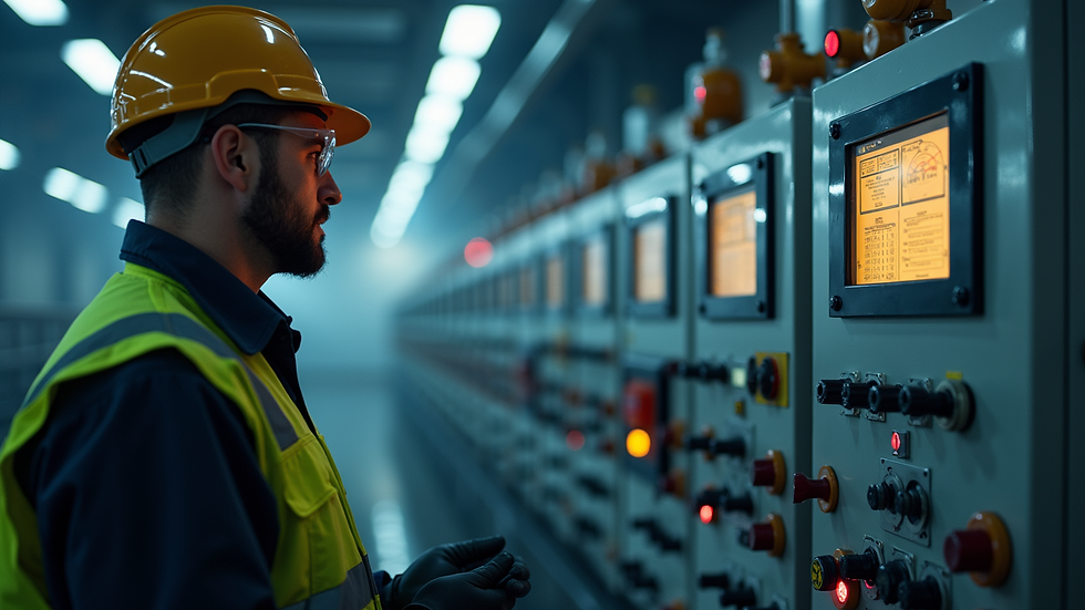 Eye-level view of industrial technician monitoring wastewater treatment control panel