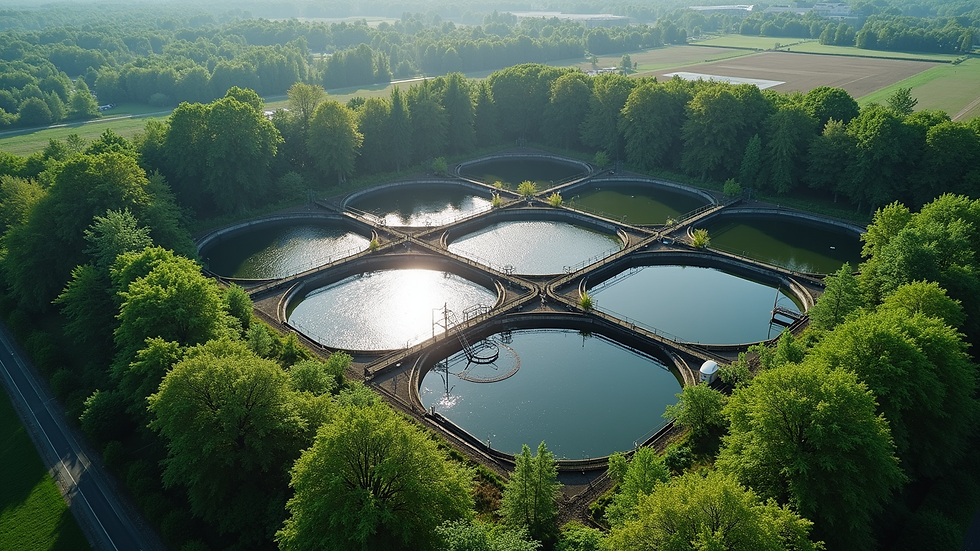High angle view of a sewage treatment plant surrounded by greenery