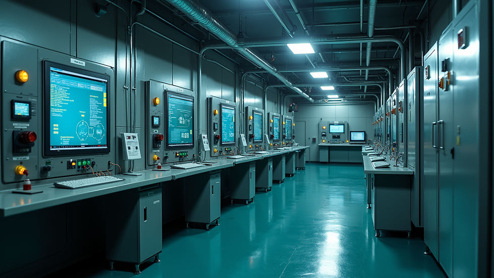 High angle view of automated control room in a sewage treatment plant