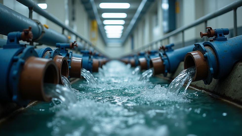 Eye-level view of industrial pipes discharging wastewater into treatment tanks