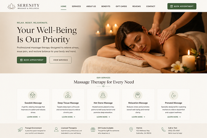 Clean massage therapy website with book appointment section and services