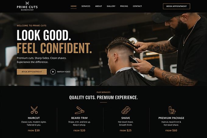 Custom barber shop website design with responsive layout, service listings, and booking functionality