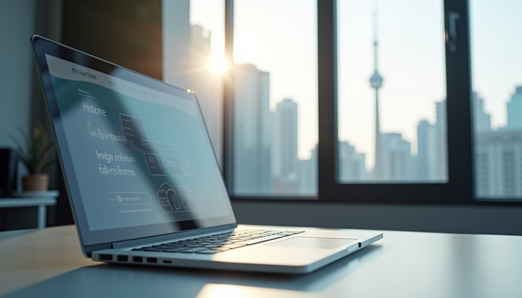 Eye-level view of a laptop screen showing a website design interface in a bright Toronto office