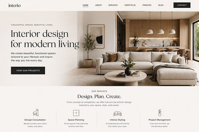 Modern interior design website design with services menu, a blog, and clean layout